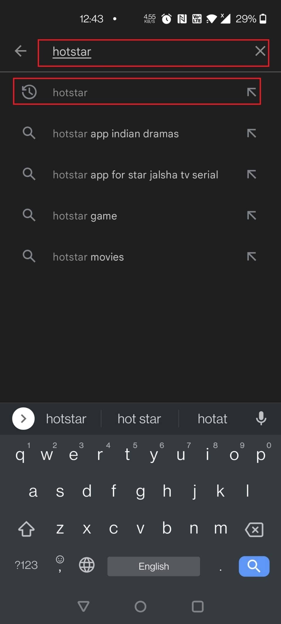 Digite Hotstar na barra de pesquisa e toque no resultado da pesquisa