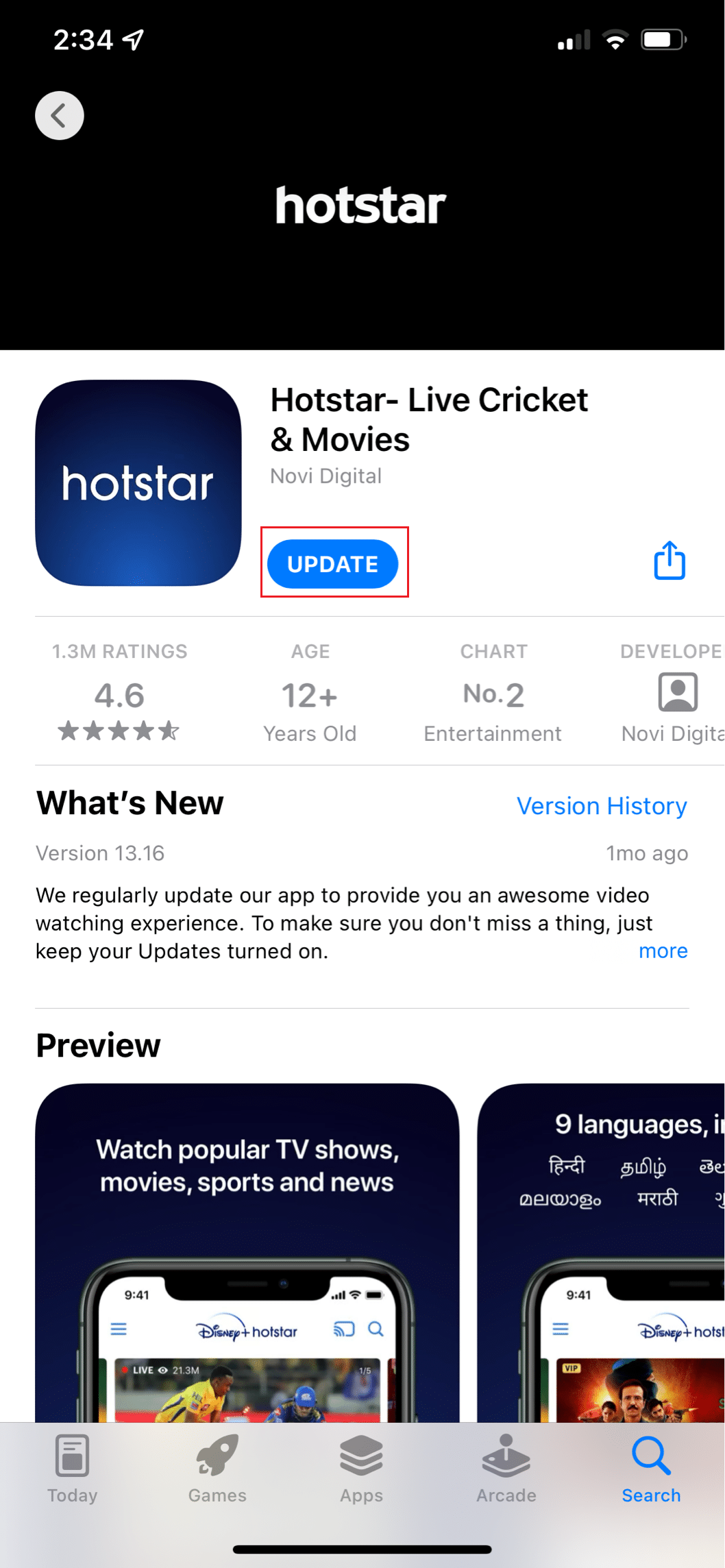 appuyez sur l'option de mise à jour dans l'appstore hotstar iPhone