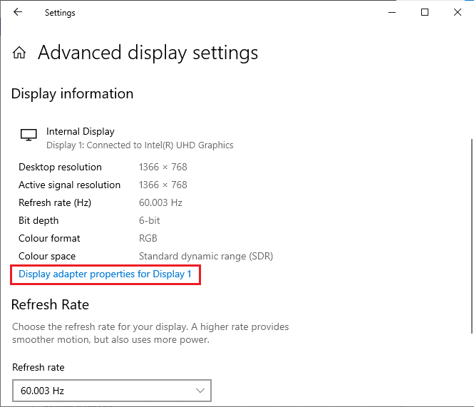 Sekarang, klik pada Display adapter properties