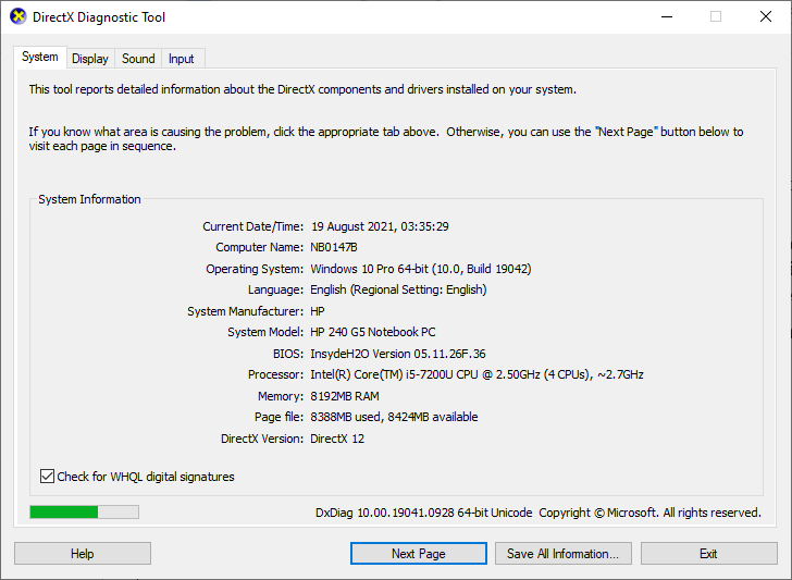 DirectX-Diagnosetool. Beheben Sie den Windows 10-Aktualisierungsfehler 0XC1900200