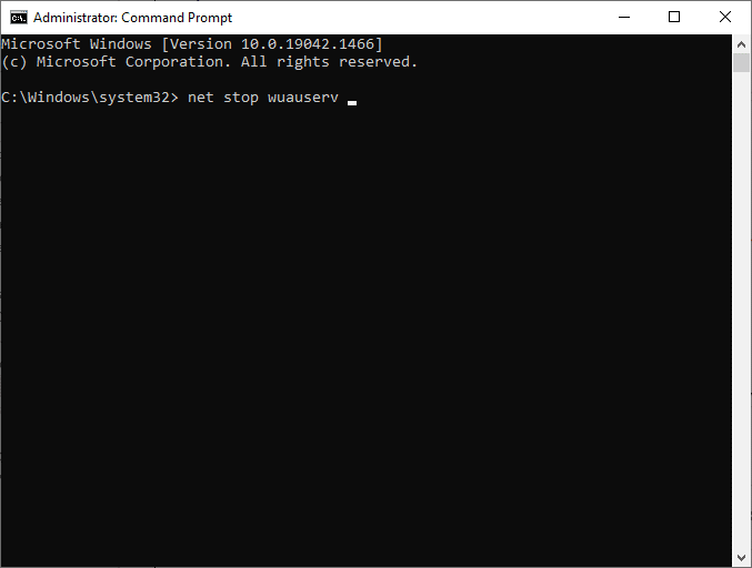 Escriba net stop wuauserv en la ventana de comandos. Solucionar el error de actualización de Windows 10 0XC1900200