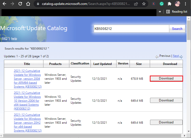 haga clic en Descargar correspondiente a su última actualización KB5008212