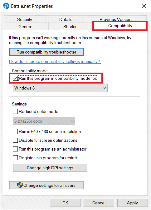 Vai alla scheda Compatibilità. Seleziona l'opzione Esegui questo programma in modalità compatibilità per