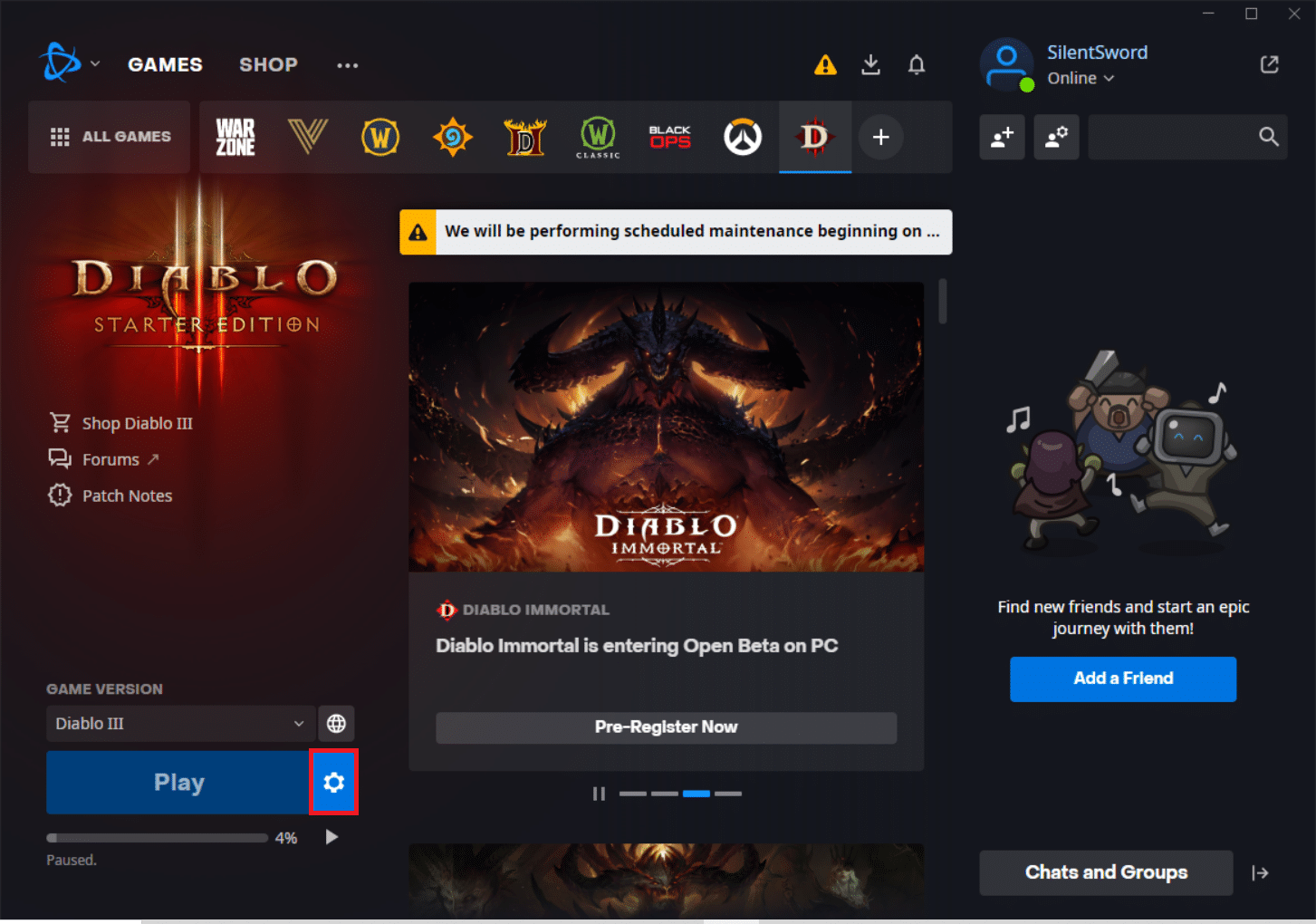 faceți clic pe Opțiuni. Remediați codul de eroare Diablo 3 1016 pe Windows 10