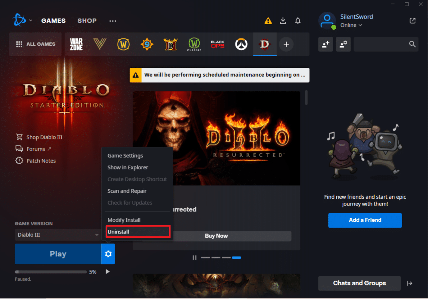 Нажмите «Удалить». Исправить код ошибки Diablo 3 1016 в Windows 10