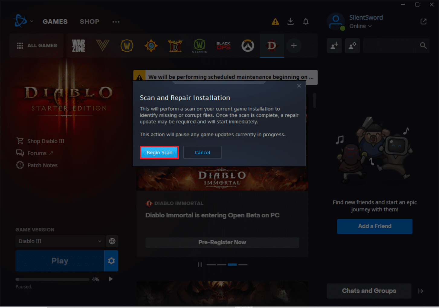 คลิกที่ Begin Scan ในพรอมต์ แก้ไข Diablo 3 Error Code 1016 บน Windows 10