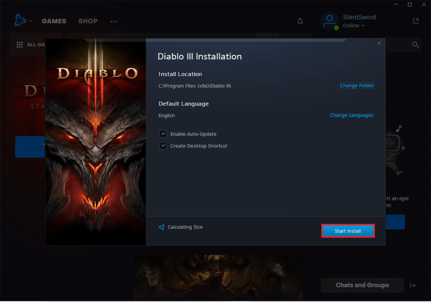 klik Mulai Instal. Perbaiki Kode Kesalahan Diablo 3 1016 di Windows 10