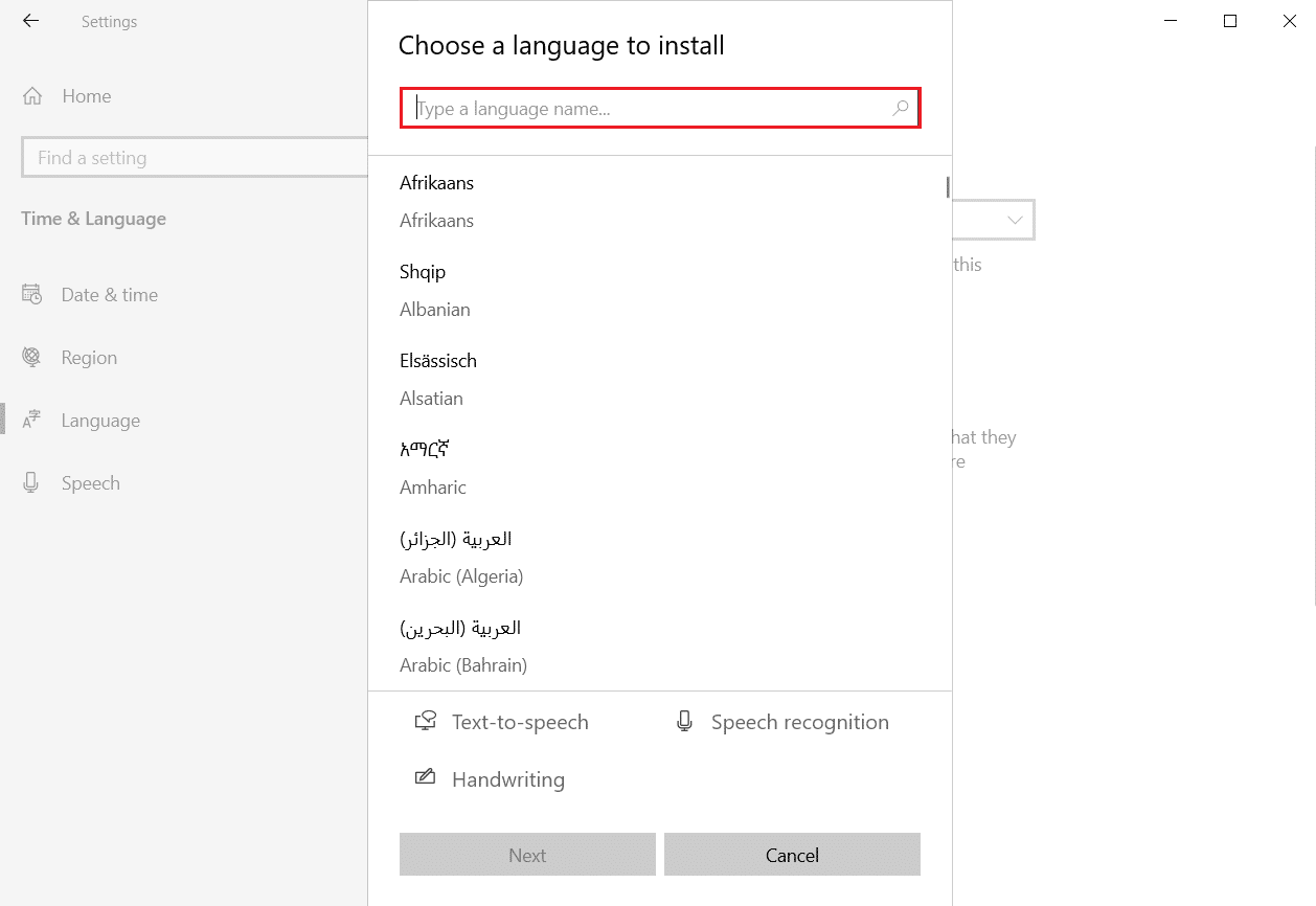 escolha um idioma para instalar no menu Idioma Configurações de hora e idioma