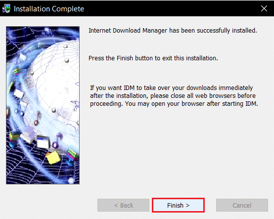 haga clic en el botón Finalizar para finalizar la instalación de Internet Download Manager idm