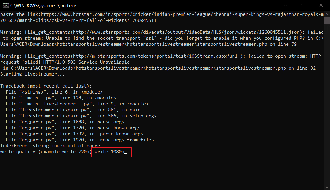 hotstarlivestreamer komut isteminde 1080p komutu yaz