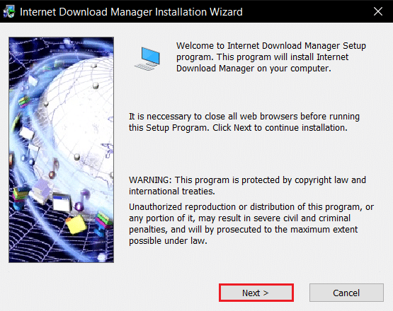 インターネットダウンロードマネージャーのインストールウィザードで[次へ]ボタンをクリックします