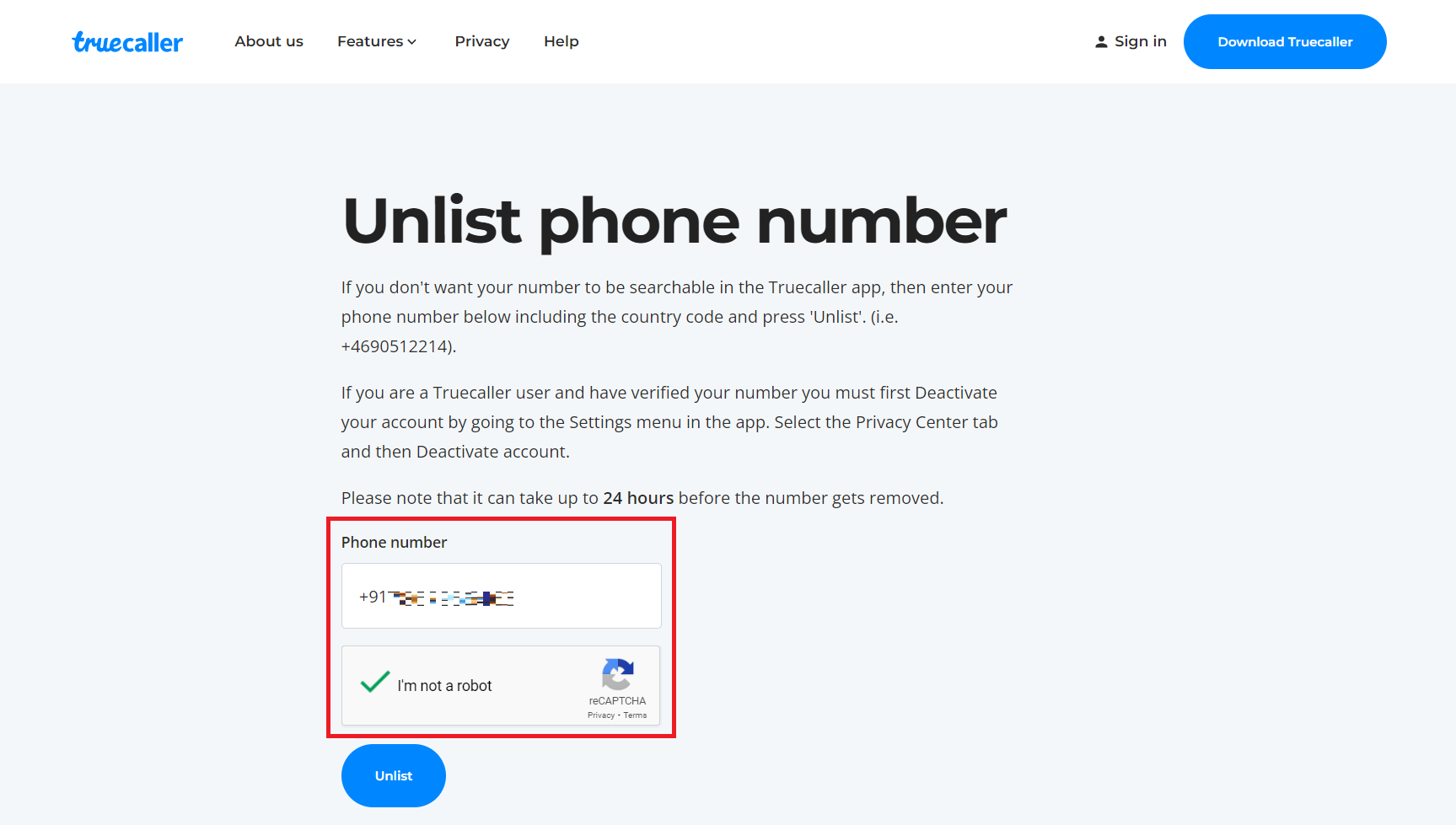 输入号码。如何从 Truecaller 中取消您的号码