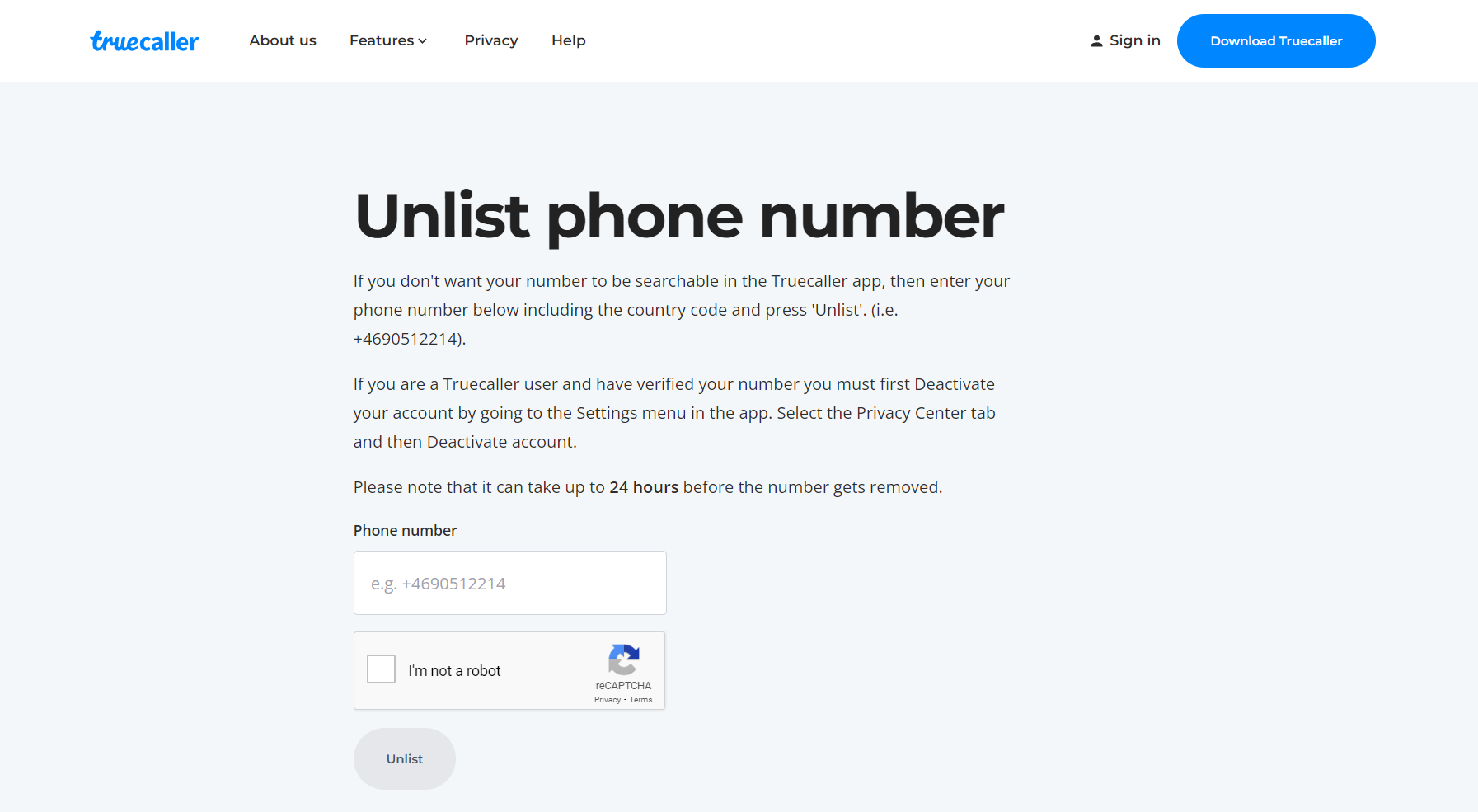 Visite a página Truecaller Unlist. Como remover seu número do Truecaller