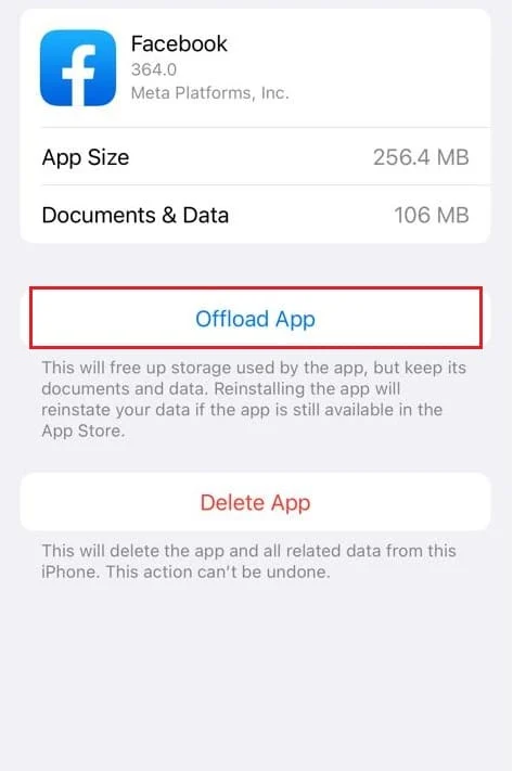 Tocca Offload app nelle Impostazioni iPhone di Facebook