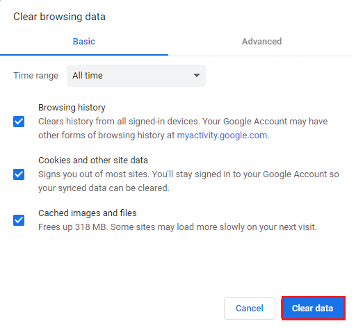 Assicurati che le caselle Cookie e altri dati del sito e Immagini e file memorizzati nella cache siano selezionate