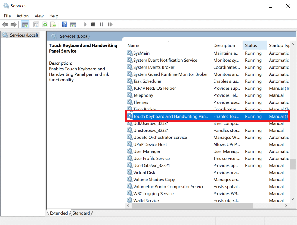 desplácese hacia abajo y haga doble clic en el teclado táctil y los servicios del panel de escritura a mano