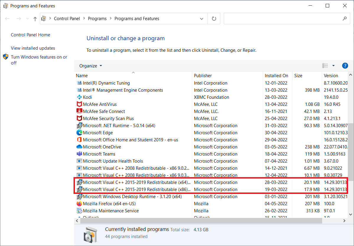 Desplácese hacia abajo y busque las versiones de Visual Studio C 2015 Redistributable x64 y x86