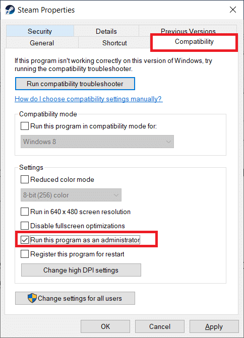 Navigați la fila Compatibilitate și bifați caseta de lângă Run this program as an administrator