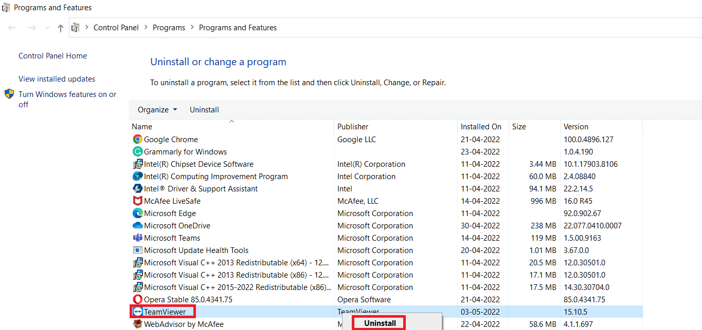 faceți clic dreapta pe Teamviewer și selectați Dezinstalare. Remediați vizualizarea în echipă detectată de noduri comerciale Windows 10