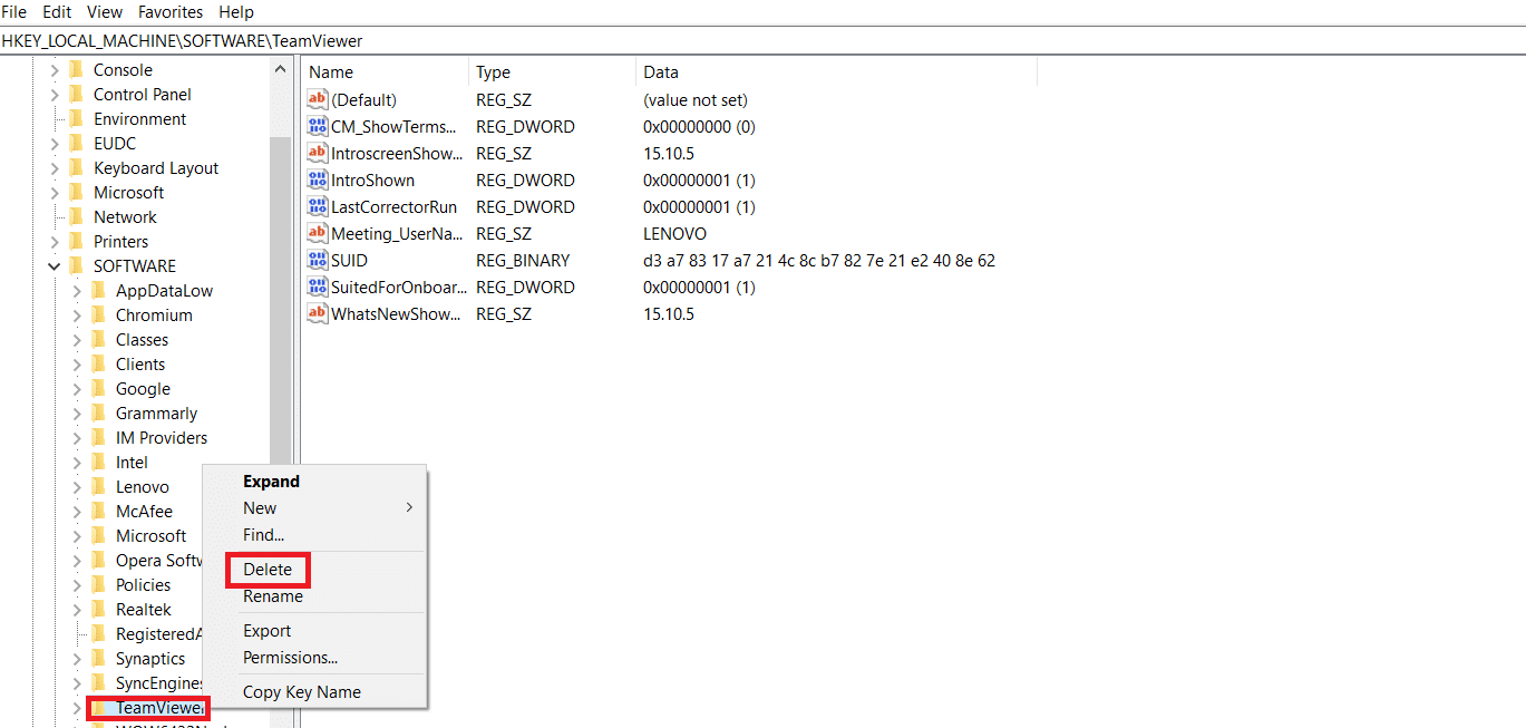 상황에 맞는 메뉴에서 삭제를 선택합니다. Windows 10에서 발견되지 않은 상업용 팀뷰어 수정