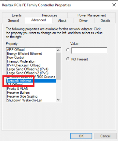 Sélectionnez Adresse réseau dans la colonne Propriété. Corriger l'utilisation commerciale détectée TeamViewer