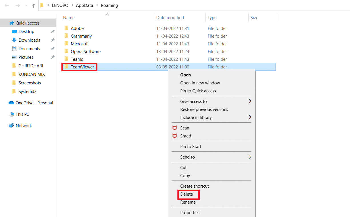 Wählen Sie im Kontextmenü Löschen aus. Kommerzielles nodetected teamviewering unter Windows 10 behoben