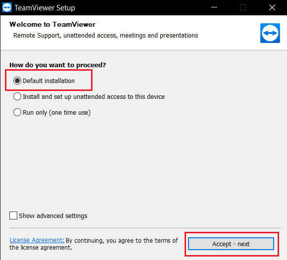 기본 설치를 선택하고 다음을 클릭하여 TeamViewer를 설치하십시오.