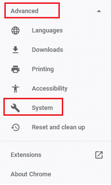 ตอนนี้ขยายส่วนขั้นสูงที่บานหน้าต่างด้านซ้ายและคลิกที่ระบบ แก้ไข Shockwave Flash ล่มใน Chrome