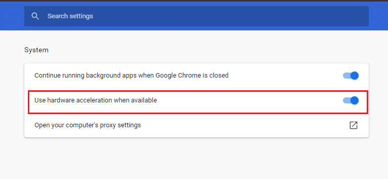 desative a alternância para a opção Usar aceleração de hardware quando disponível