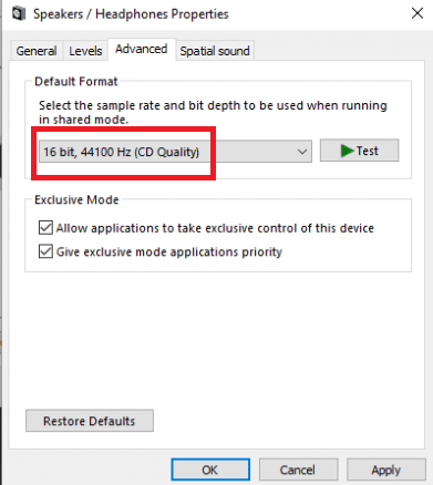 Gelişmiş sekmesinde, Varsayılan Biçim altındaki açılır seçimi kullanarak ses kalitesini 16 bit, 44100 Hz CD Kalitesi olarak ayarlayın.