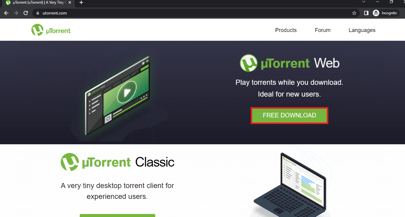 Abra el sitio web oficial de uTorrent y haga clic en el botón DESCARGAR GRATIS para instalar el software en su PC