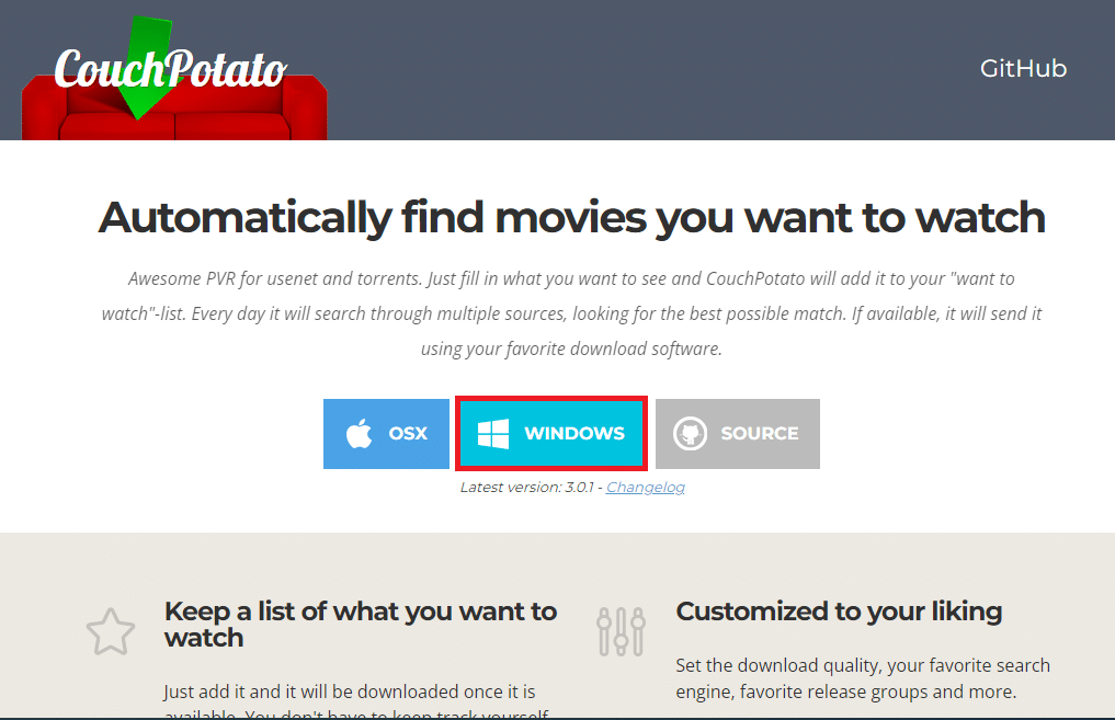 Abra el sitio web oficial de CouchPotato y haga clic en el botón de Windows. Cómo configurar CouchPotato en Windows 10