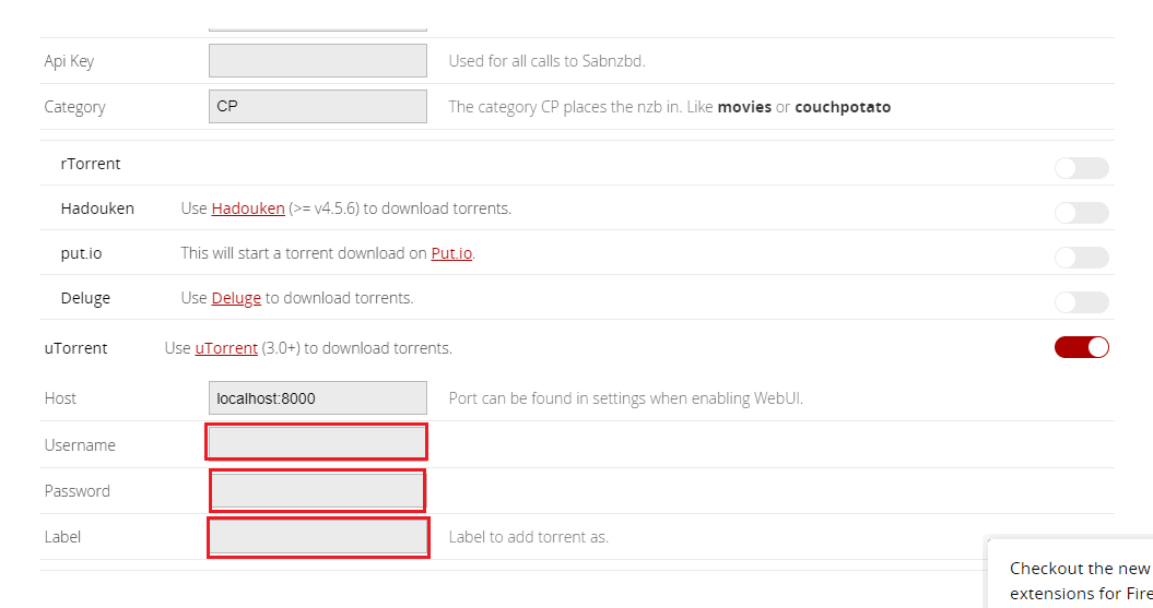 ป้อนชื่อผู้ใช้และรหัสผ่านในช่องของส่วน uTorrent และพิมพ์ CP ในช่องป้ายกำกับ วิธีตั้งค่า CouchPotato บน Windows 10