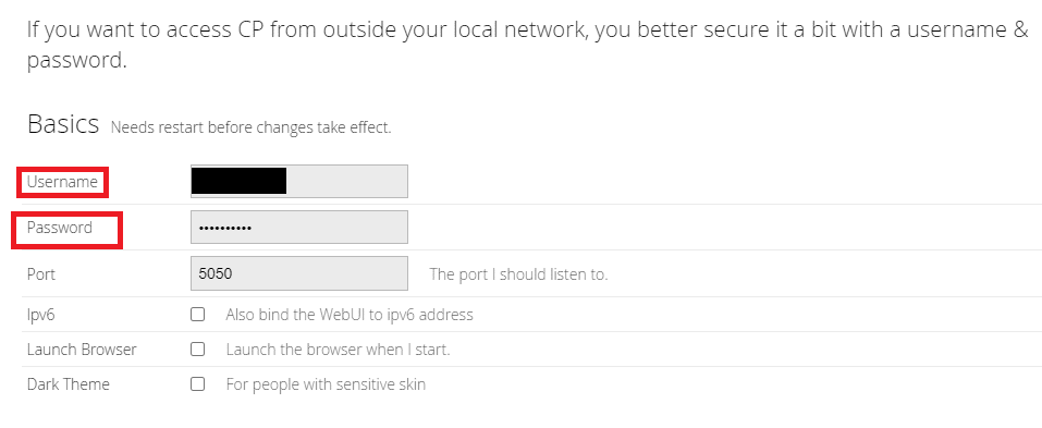 insira um nome de usuário e senha como credenciais