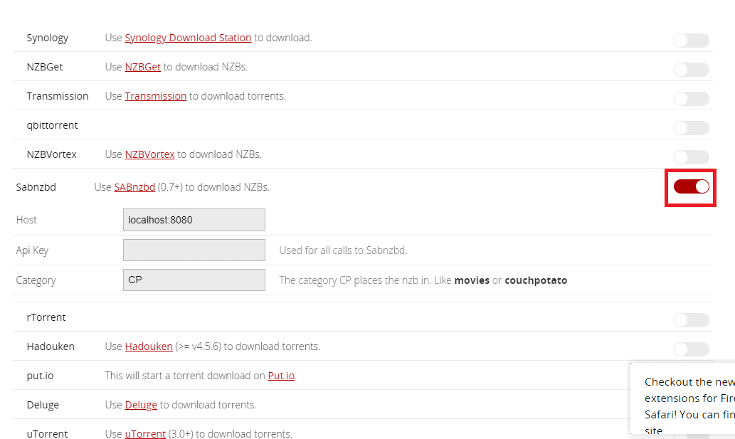 打開 SABnzbd 的切換開關