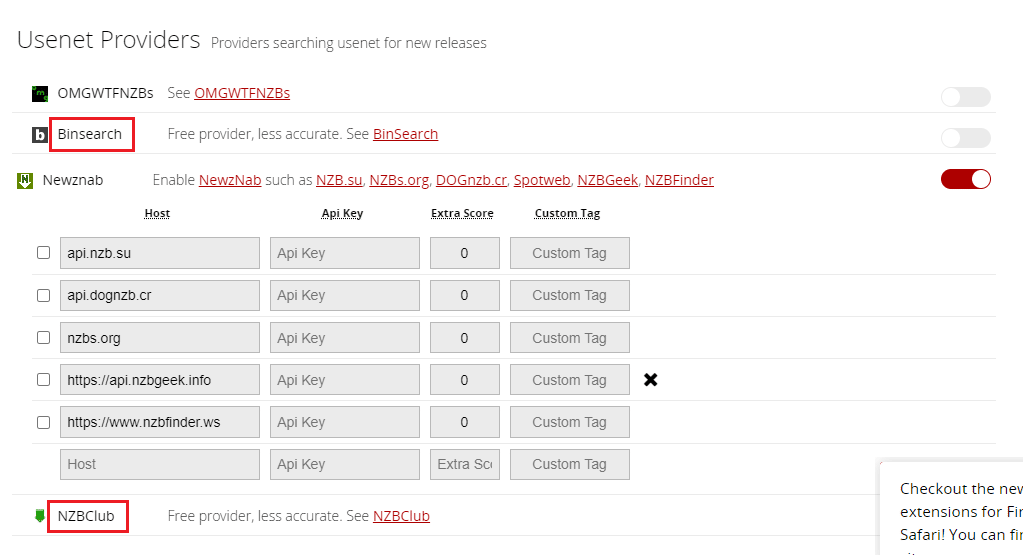 Schalten Sie die Optionen NZBClub und Binsearch ein