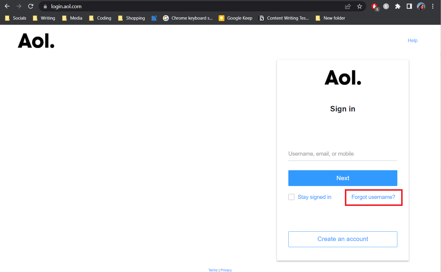 Pilih opsi Lupa nama pengguna dari halaman login AOL Mail. cara masuk ke akun email AOL