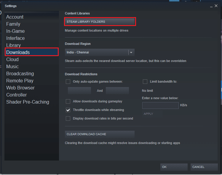 cliquez sur l'onglet Téléchargements dans le volet gauche de la fenêtre et cliquez sur le bouton STEAM LIBRARY FOLDERS