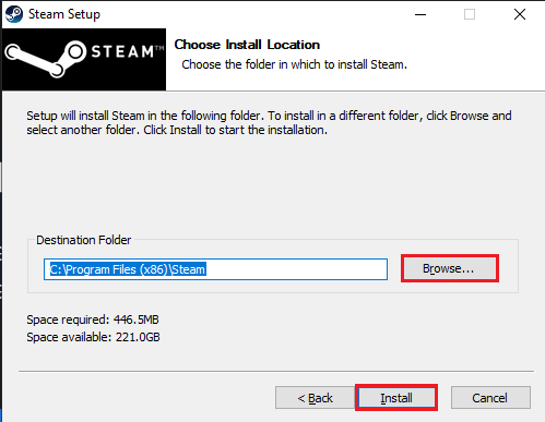 Sélectionnez le dossier de destination de l'application Steam en cliquant sur le bouton Parcourir et en cliquant sur le bouton Installer