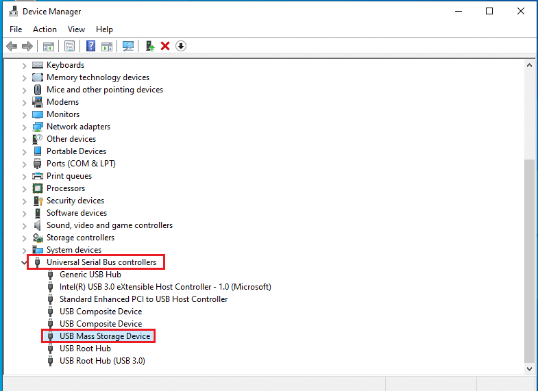 Développez l'option Contrôleurs Universal Serial Bus et cliquez sur le périphérique USB