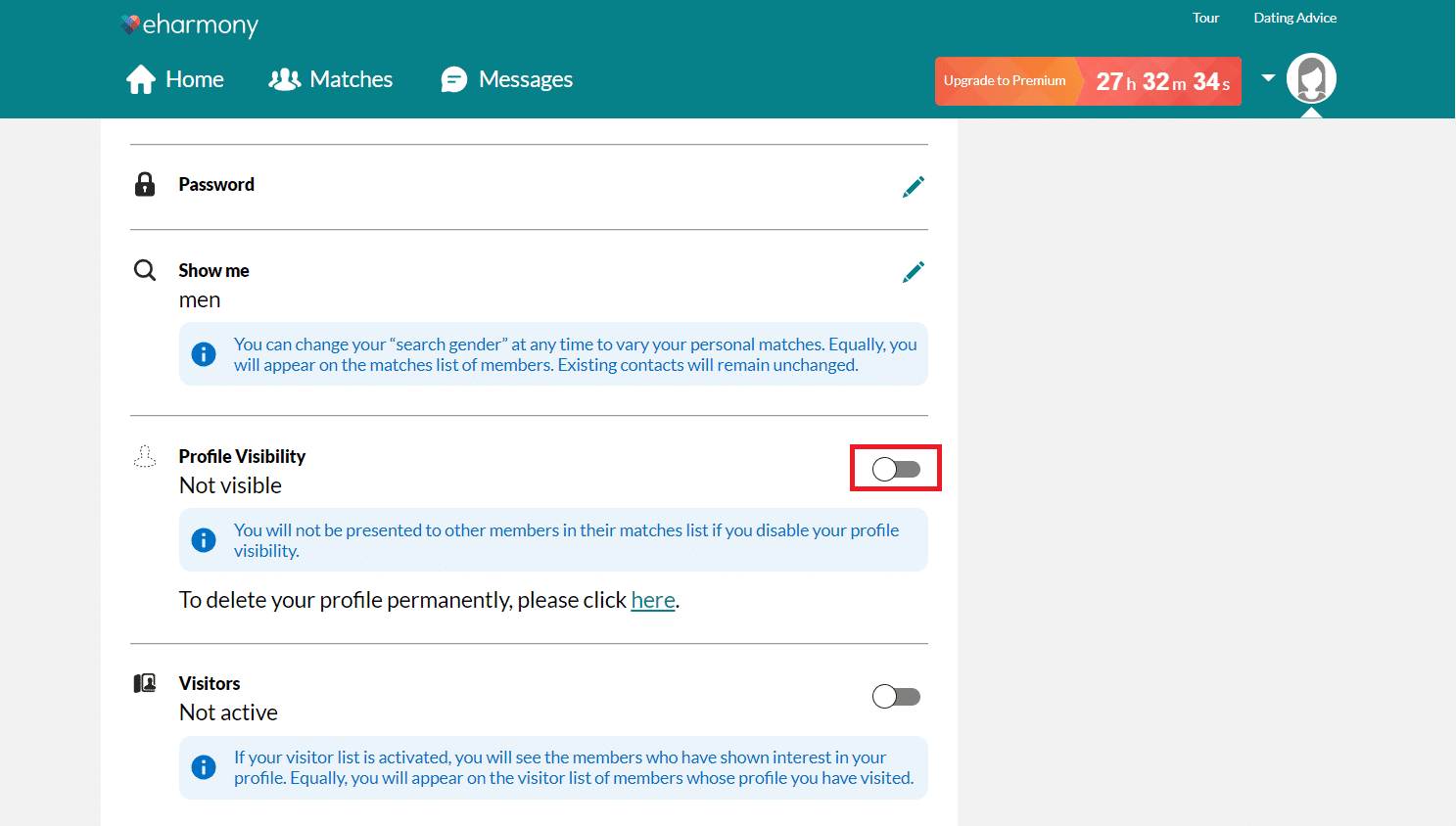 關閉配置文件可見性部分中不可見旁邊的切換。如何刪除您的 eHarmony 帳戶