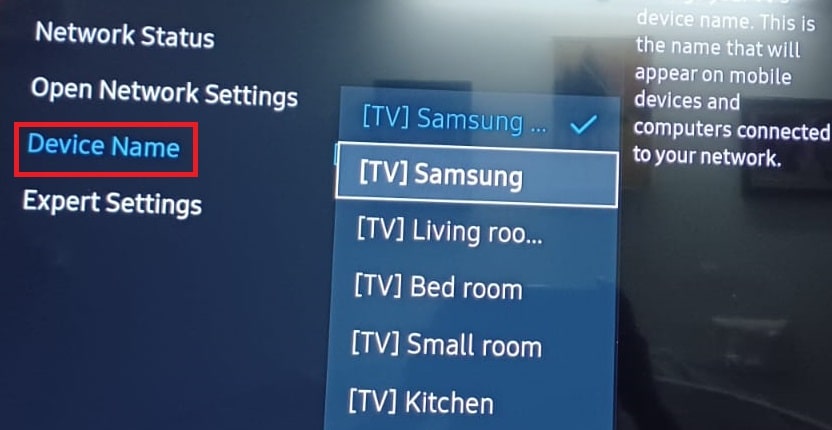 Menu tarik-turun Nama Perangkat TV Samsung | smart TV tidak dapat terhubung ke Wi-Fi