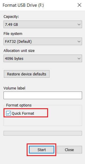 Klik Mulai untuk memformat drive