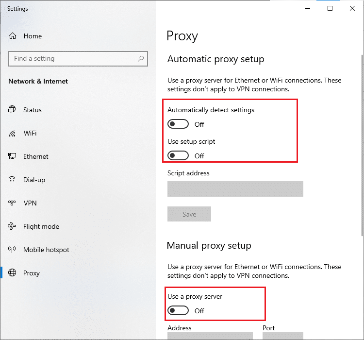 Desative os servidores proxy. Corrigir a tela preta do Minecraft no Windows 10