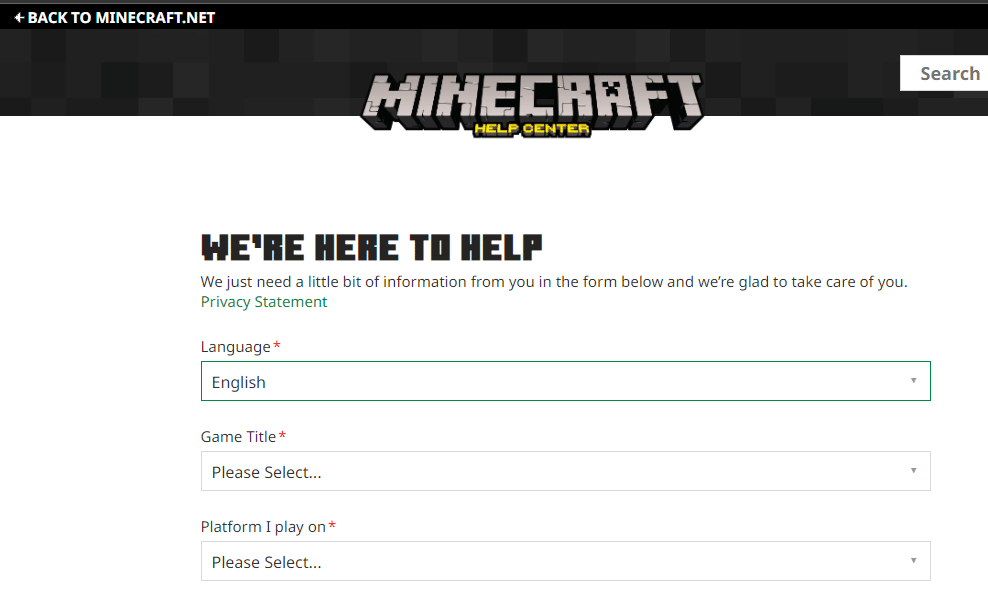 Você também pode criar um ticket para entrar em contato com o suporte do Minecraft