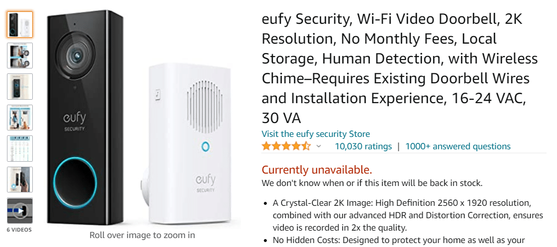 Sonnette vidéo Wi-Fi Eufy Security