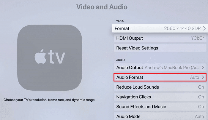 Formato de áudio Vídeo e áudio Apple TV