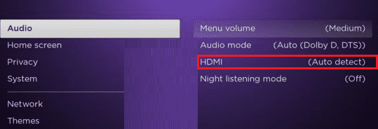 configurações do modo de áudio roku HDMI