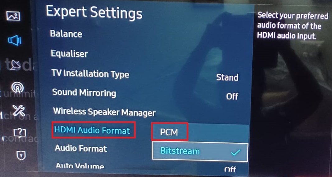 Formato de áudio HDMI PCM Expert Configurações de som Samsung TV