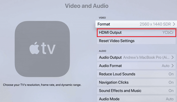 Saída HDMI YCbCr Vídeo e Áudio Apple TV